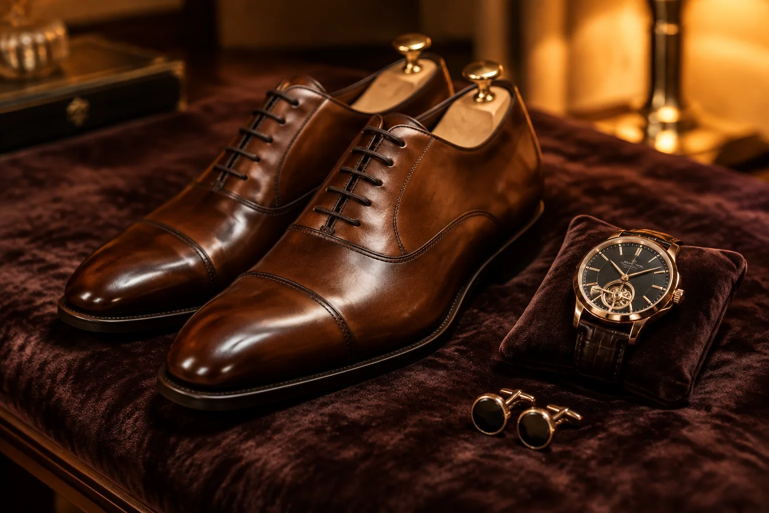 Evening accessories and timepieces arranged elegantly