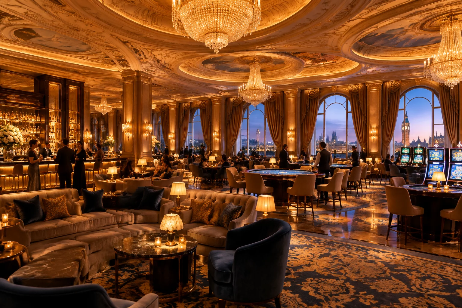 Luxurious UK casino hotel lounge and grand ballroom