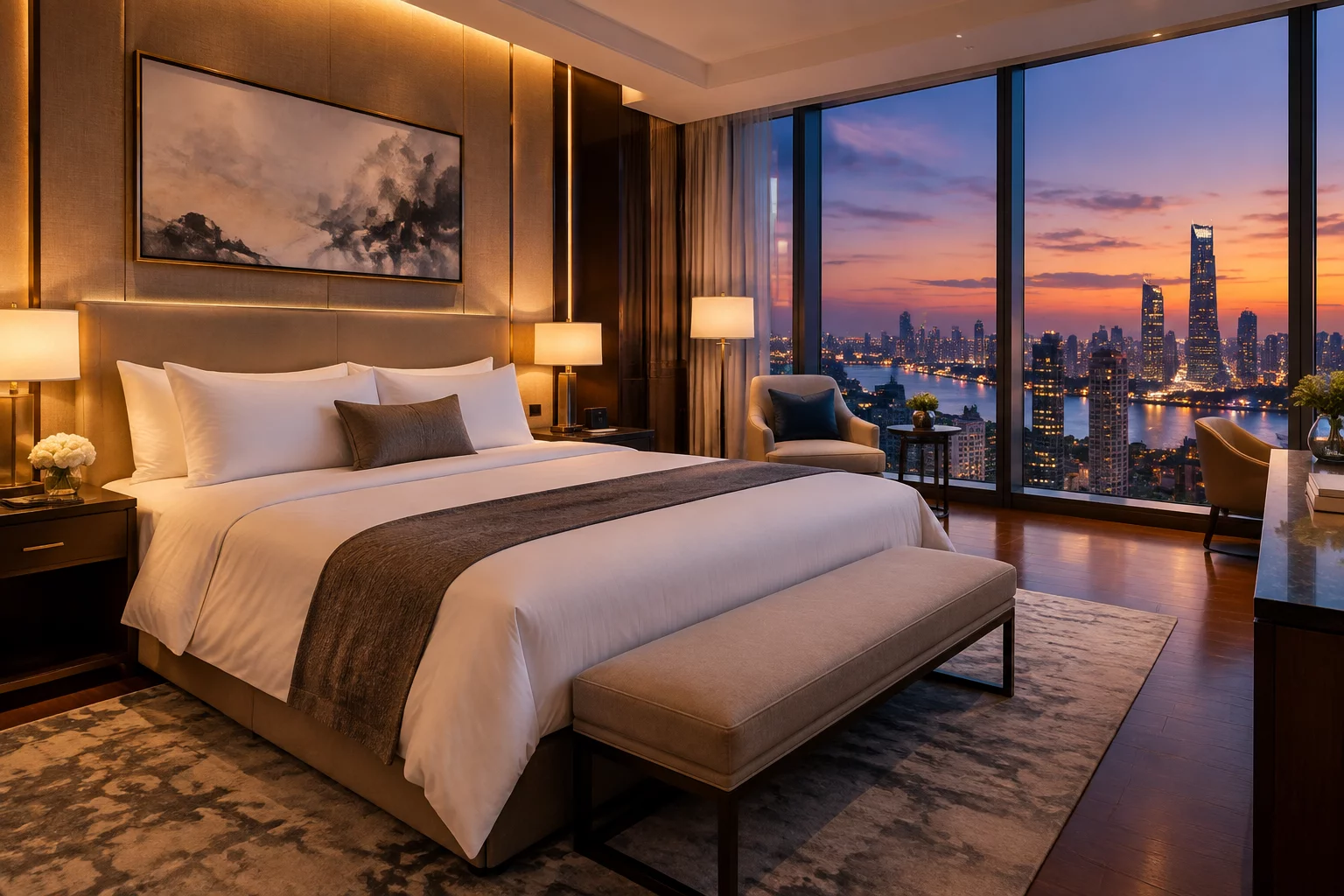 Elegant executive bedroom overlooking city lights